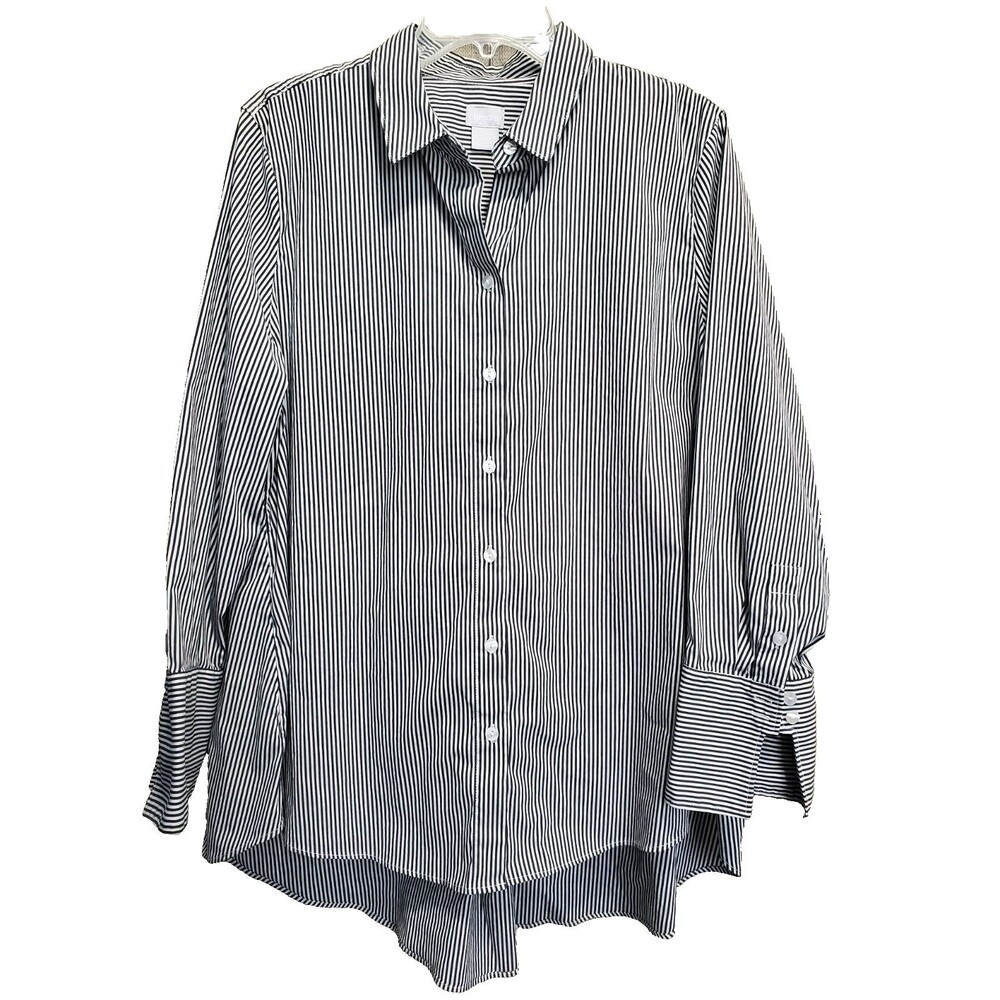 Chico's Gray Striped HIgh-Low Hem Button-Up Tunic Size 3 (XL)
